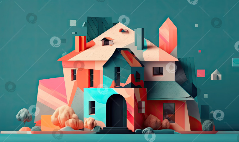 Скачать Цифровая иллюстрация дома на синем фоне и дома с красной крышей, модный дизайн бумажного коллажа "абстрактный дом", генеративный искусственный интеллект фотосток Ozero