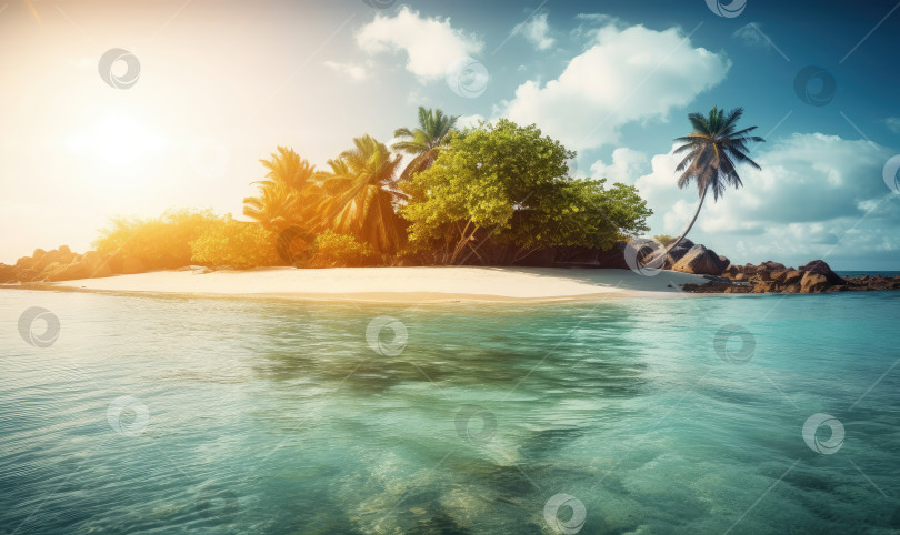 Скачать Тропический остров с пальмами и пляжем на фоне заката, генеративный искусственный интеллект фотосток Ozero