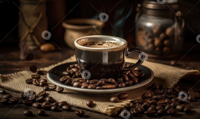 Скачать Чашка кофе с кофейными зернами на столе, генеративный ИИ фотосток Ozero