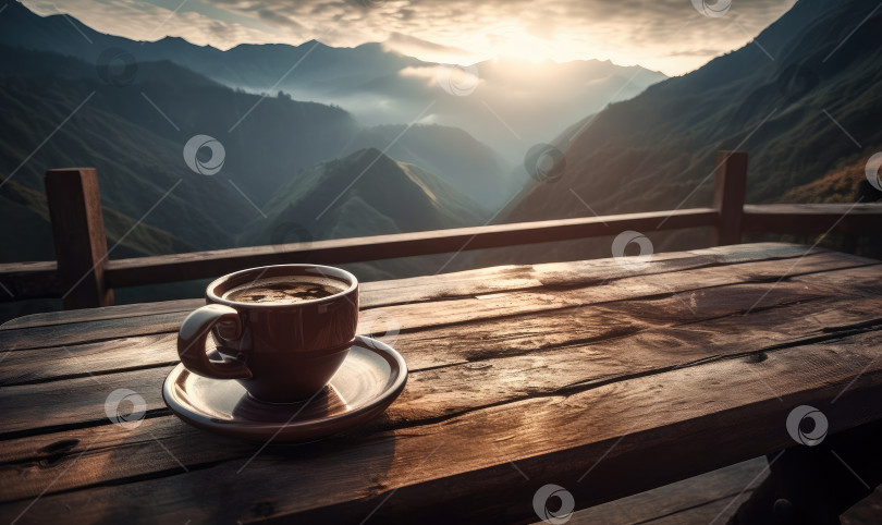 Скачать Чашка с горячим кофе на деревянном столе на фоне восхода солнца и гор, генеративный ИИ фотосток Ozero