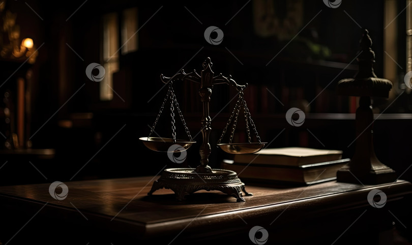 Скачать Весы правосудия в темном зале суда, генеративный искусственный интеллект фотосток Ozero