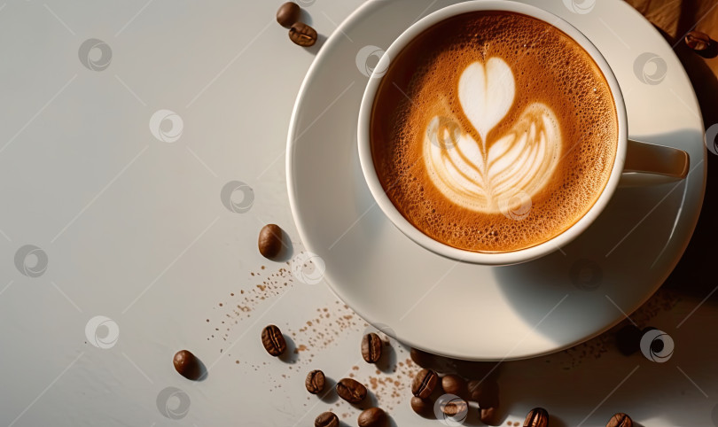 Скачать Кофейный капучино в форме сердца и белой чашке на фоне кремового цвета, генеративный искусственный интеллект фотосток Ozero