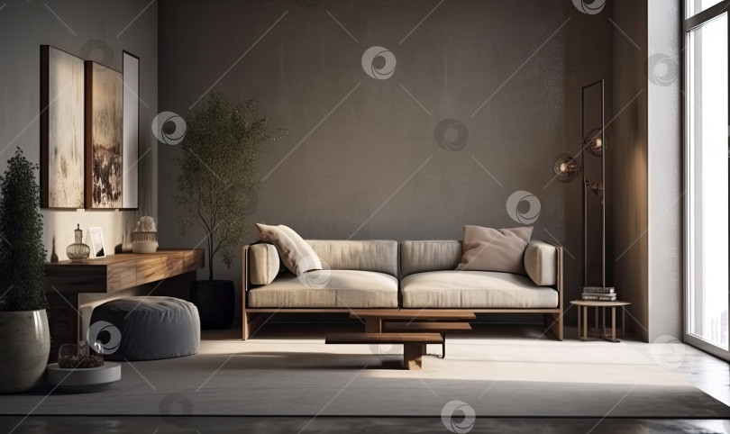 Скачать Современный дизайн интерьера, интерьер гостиной с диваном, генеративный искусственный интеллект фотосток Ozero