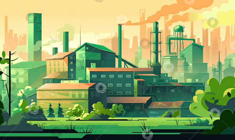 Скачать Фабрика в зеленом городе с графикой и генеративным искусственным интеллектом фотосток Ozero