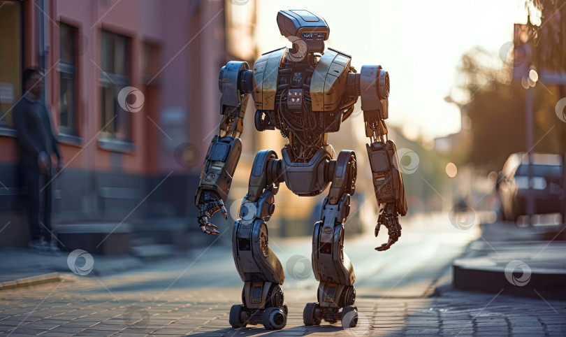 Скачать Робот-андроид идет по улице, генеративный искусственный интеллект фотосток Ozero
