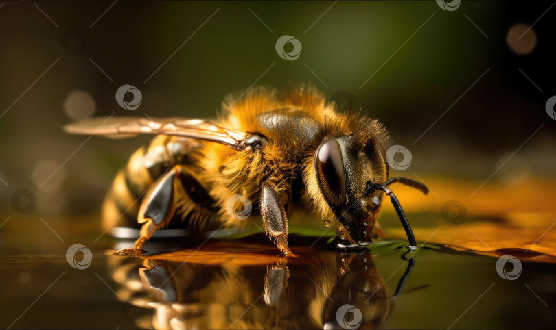 Скачать Пчела на воде, макрос медоносной пчелы, генеративный искусственный интеллект фотосток Ozero
