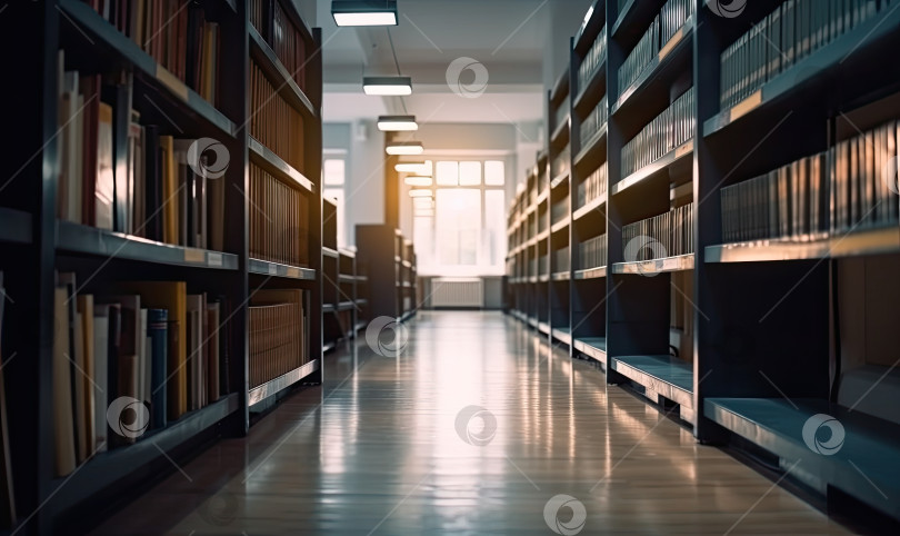 Скачать Абстрактное размытое пустое внутреннее пространство библиотеки колледжа, размытый класс с книжными полками с помощью эффекта расфокусировки, генеративный искусственный интеллект фотосток Ozero