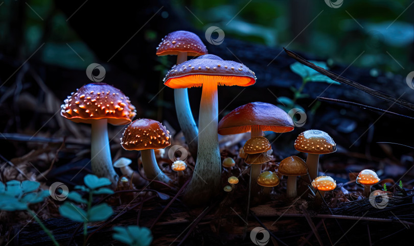 Скачать Мистические флуоресцентные грибы, растущие в лесу крупным планом, генеративный искусственный интеллект фотосток Ozero