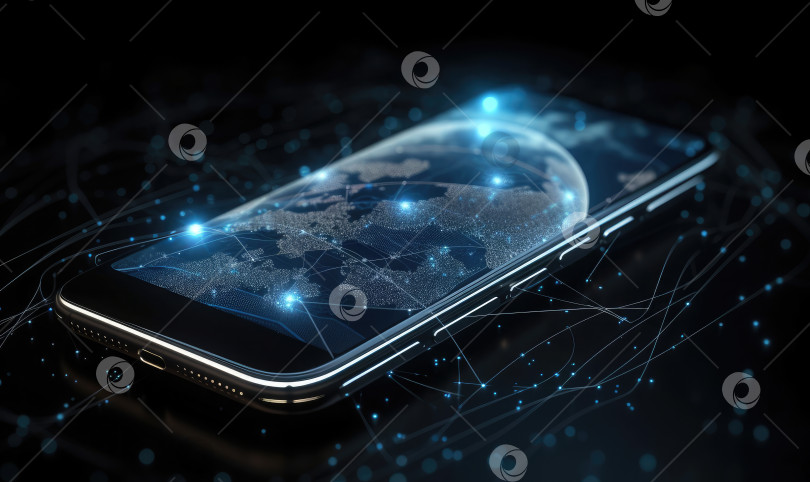 Скачать Мобильный смартфон с подключением к глобальной сети, технология, инновационная и коммуникационная концепция, генеративный искусственный интеллект фотосток Ozero