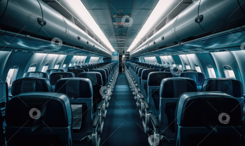 Скачать интерьер пустого современного самолета с синими летными креслами и коридором в дневное время во время полета, генерирующий искусственный интеллект фотосток Ozero