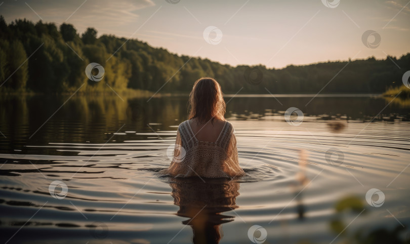 Скачать Женщина входит в озеро, чтобы поплавать, генеративный ИИ фотосток Ozero