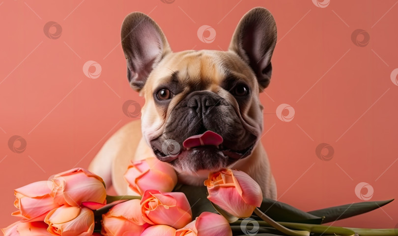 Скачать Собака, держащая в зубах букет тюльпанов на розовом фоне, Весенняя открытка на День святого Валентина, Женский день, День рождения, генеративный искусственный интеллект фотосток Ozero