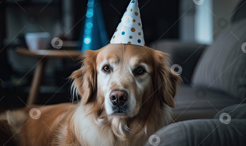 Скачать Собака в праздничной шапочке на вечеринке по случаю дня рождения, генеративный ИИ фотосток Ozero