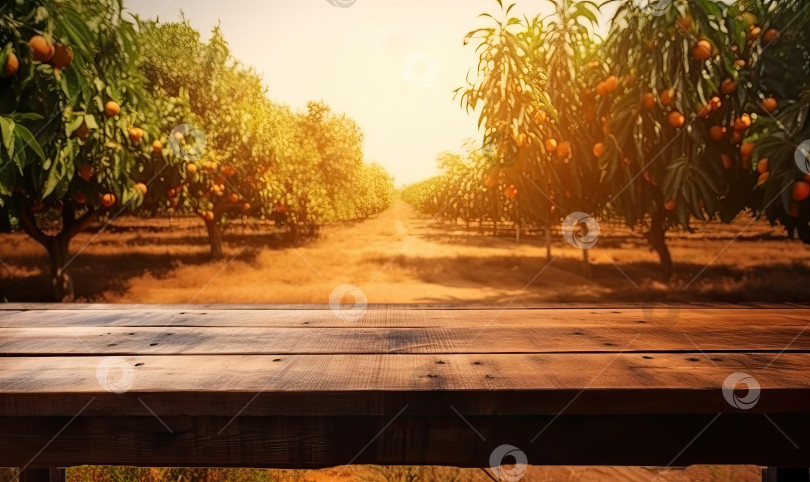 Скачать Пустой деревянный стол со свободным пространством над апельсиновыми деревьями, фон оранжевого поля, генеративный искусственный интеллект фотосток Ozero