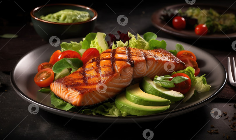 Скачать Рыбное филе лосося на гриле и свежий зеленый салат-латук овощной салат из помидоров с гуакамоле из авокадо, генеративный АЙ фотосток Ozero