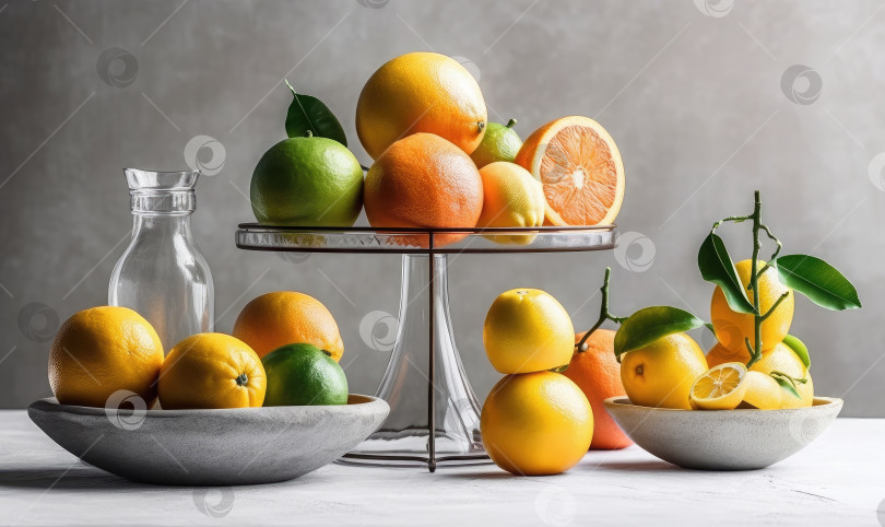 Скачать Концепция цитрусового натюрморта с лимоном, лаймом и апельсином на серых подставках и подиумах на белом фоне, генеративный искусственный интеллект фотосток Ozero