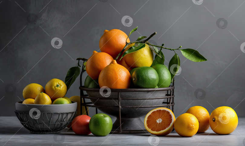 Скачать Концепция цитрусового натюрморта с лимоном, лаймом и апельсином на серых подставках и подиумах на белом фоне, генеративный искусственный интеллект фотосток Ozero