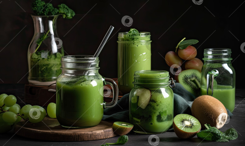 Скачать Кружки из стеклянных банок с зеленым смузи для здоровья, вегетарианская концепция щелочной пищи, генеративный искусственный интеллект фотосток Ozero