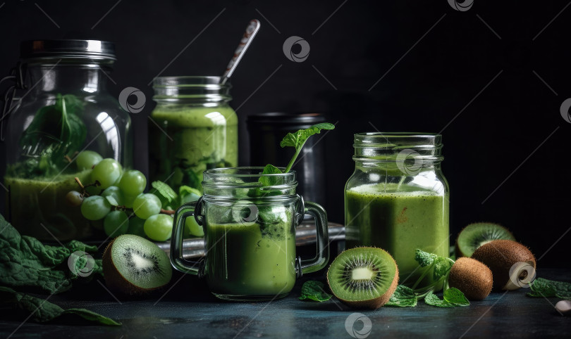 Скачать Кружки из стеклянных банок с зеленым смузи для здоровья, вегетарианская концепция щелочной пищи, генеративный искусственный интеллект фотосток Ozero