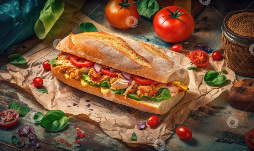 Скачать Вкусный сэндвич с курицей-гриль, свежими листьями салата и помидорами, генеративный ИИ фотосток Ozero
