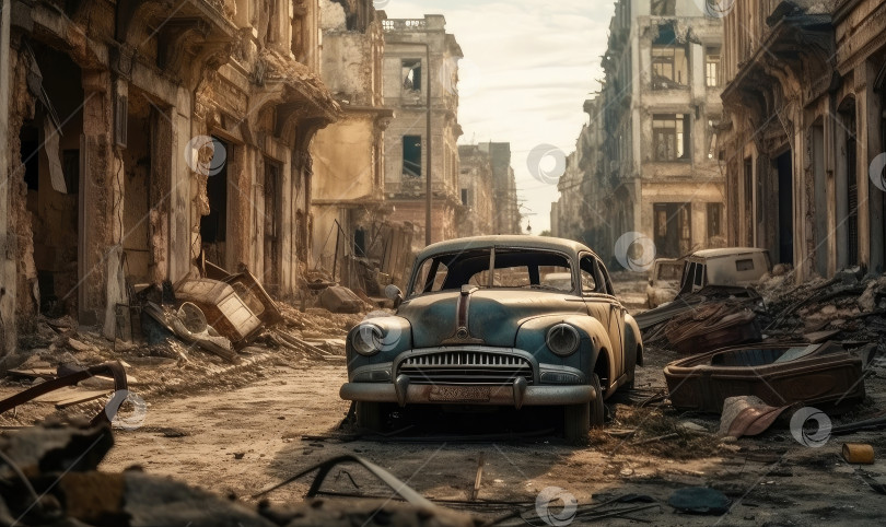 Скачать Разрушенный автомобиль на фоне разрушенного войной города с разрушенными зданиями, разбомбленная улица, генеративный искусственный интеллект фотосток Ozero