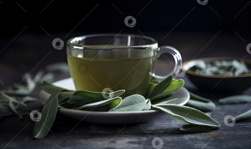 Скачать Чашка ароматного чая из шалфея и свежих листьев на деревянном столе, генеративный ИИ фотосток Ozero