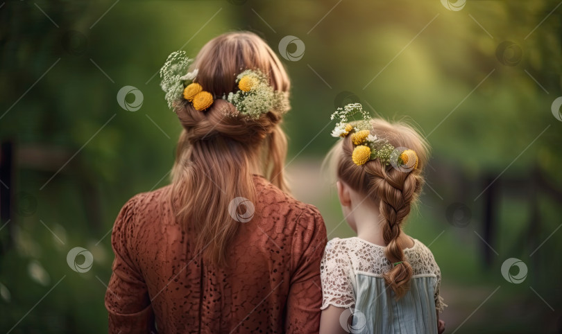 Скачать Женщина и ребенок с букетом цветов на зеленом размытом фоне, концепция весеннего семейного праздника, Женский день, генеративный искусственный интеллект фотосток Ozero
