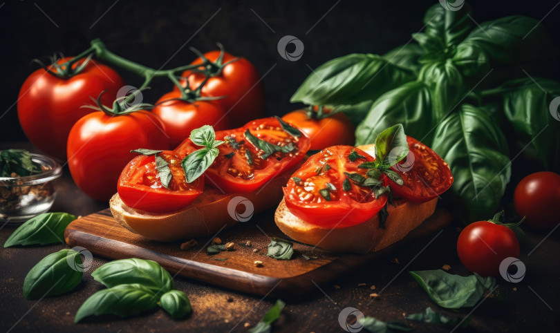 Скачать Сэндвичи с помидорами и базиликом с ингредиентами, итальянская концепция вегетарианского или здорового питания, генеративный искусственный интеллект фотосток Ozero