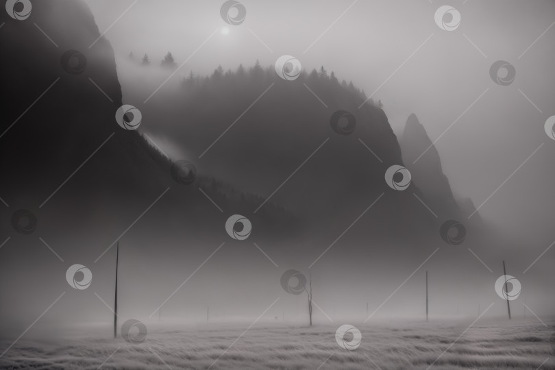 Скачать Полевой пейзаж в густом тумане с холмами, поросшими сосновым лесом фотосток Ozero