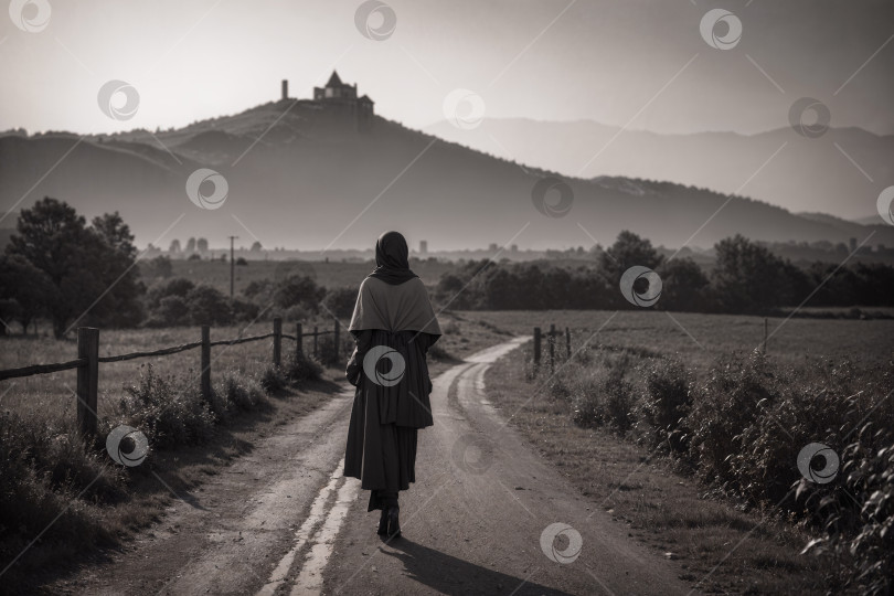 Скачать Женщина, уходящая прочь по проселочной дороге с холмами на заднем плане фотосток Ozero