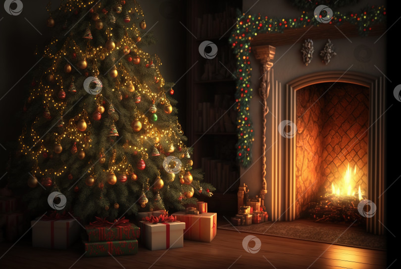 Скачать Рождественская елка в комнате с камином, подарками, свечами, гирляндой фотосток Ozero