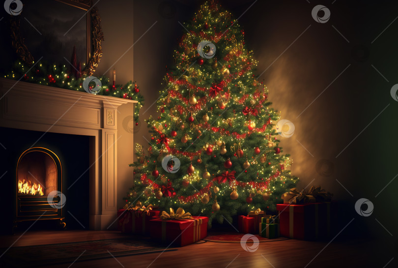 Скачать Рождественская елка в комнате с камином, подарками, свечами, гирляндой фотосток Ozero