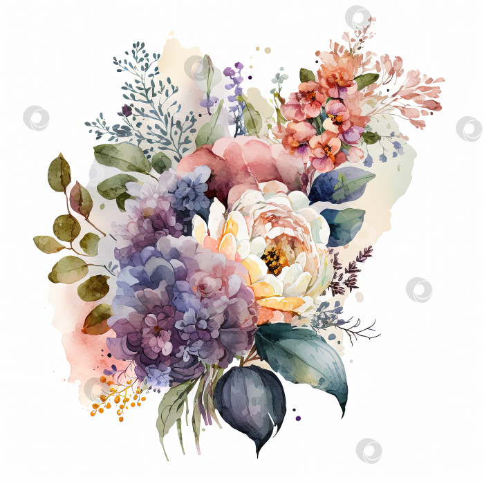 Скачать Акварельный красочный букет цветов, выделенный на белом фоне. Ботаническая иллюстрация. фотосток Ozero