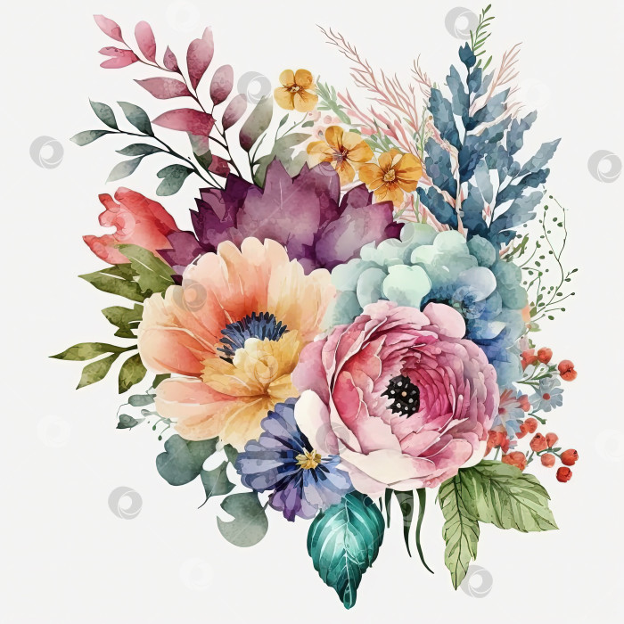 Скачать Акварельный красочный букет цветов, выделенный на белом фоне. Ботаническая иллюстрация. фотосток Ozero