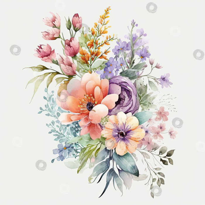 Скачать Акварельно-пастельный красочный букет цветов, выделенный на белом фоне. Ботаническая иллюстрация. фотосток Ozero