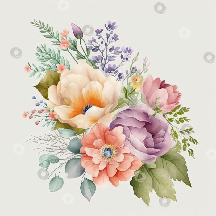 Скачать Акварельно-пастельный красочный букет цветов, выделенный на белом фоне. Ботаническая иллюстрация. фотосток Ozero