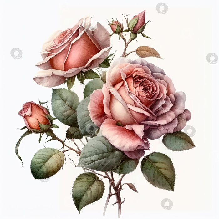 Скачать Акварельная иллюстрация розовых роз. Приглашение на свадьбу. Ботанический художественный принт. фотосток Ozero