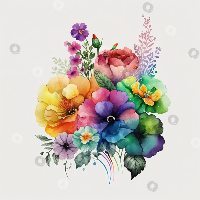 Скачать Акварельная иллюстрация радужных цветов. Ботанический художественный принт. фотосток Ozero
