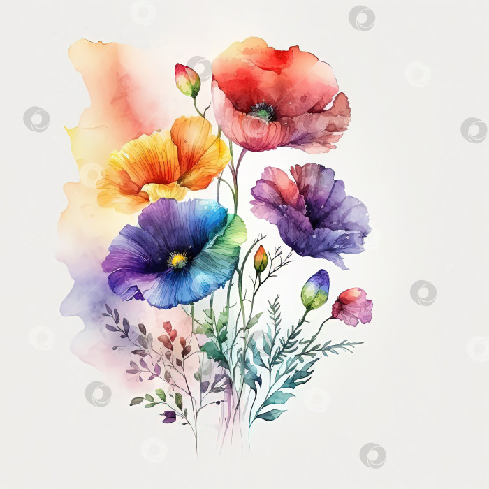 Скачать Акварельная иллюстрация радужных цветов. Ботанический художественный принт. фотосток Ozero