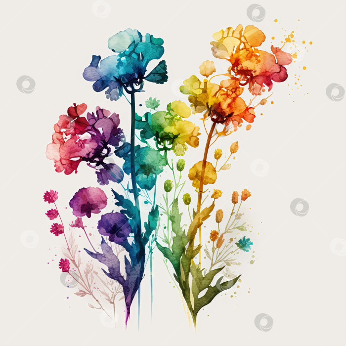 Скачать Акварельная иллюстрация радужных цветов, изолированная на белом фоне. Ботанический художественный принт. фотосток Ozero
