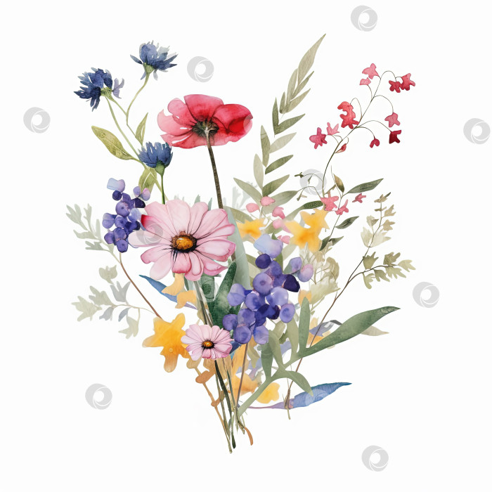 Скачать Акварельный красочный букет полевых цветов, выделенный на белом фоне. фотосток Ozero