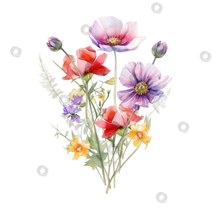 Скачать Акварельный красочный букет полевых цветов, выделенный на белом фоне. фотосток Ozero
