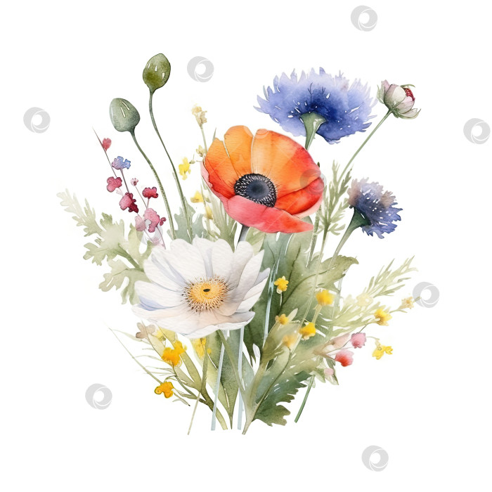 Скачать Акварельный букет полевых цветов, выделенный на белом фоне. фотосток Ozero
