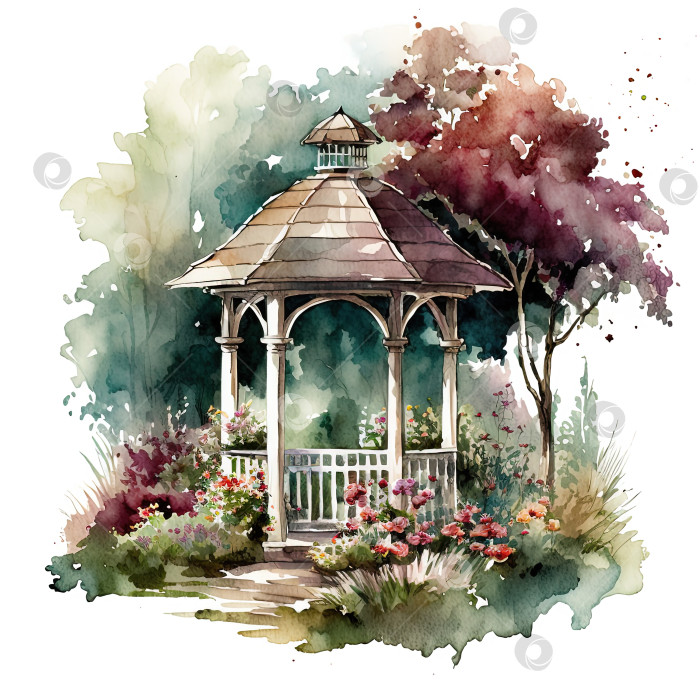 Скачать Акварельная иллюстрация садового укрытия и цветов на белом фоне. Созданный искусственным интеллектом фотосток Ozero