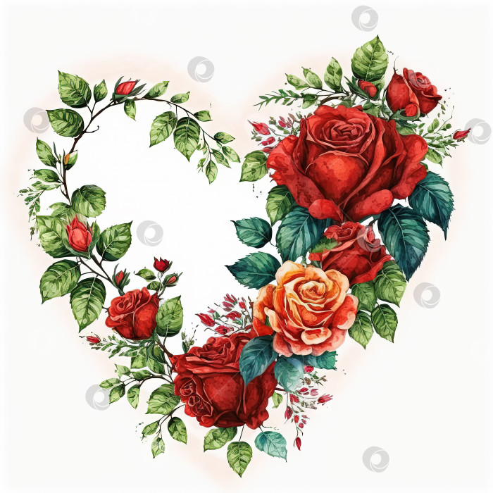 Скачать Открытка на день Святого Валентина, сердце из роз. Акварельная иллюстрация фотосток Ozero
