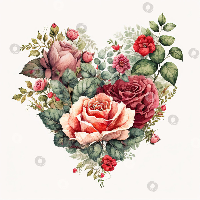 Скачать Акварельная иллюстрация сердца из роз. Букет красных цветов фотосток Ozero