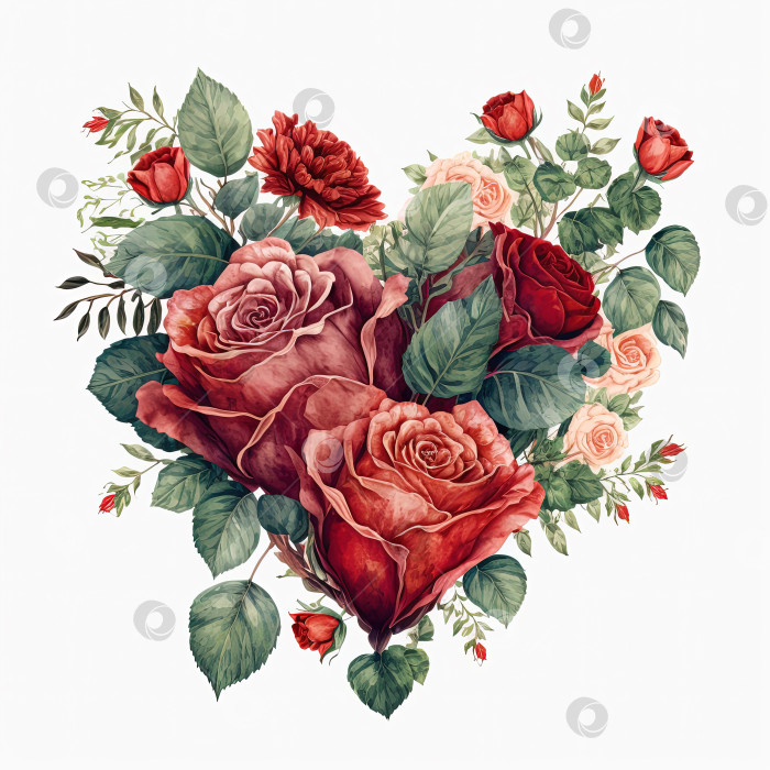Скачать Акварельная иллюстрация сердца из роз. Открытка на день Святого Валентина фотосток Ozero