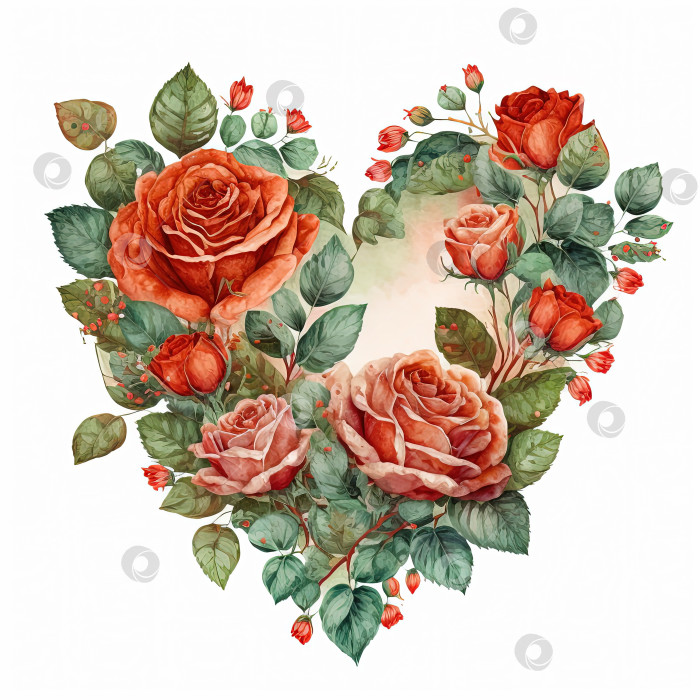 Скачать Акварельная иллюстрация сердца из роз. Открытка на день Святого Валентина фотосток Ozero