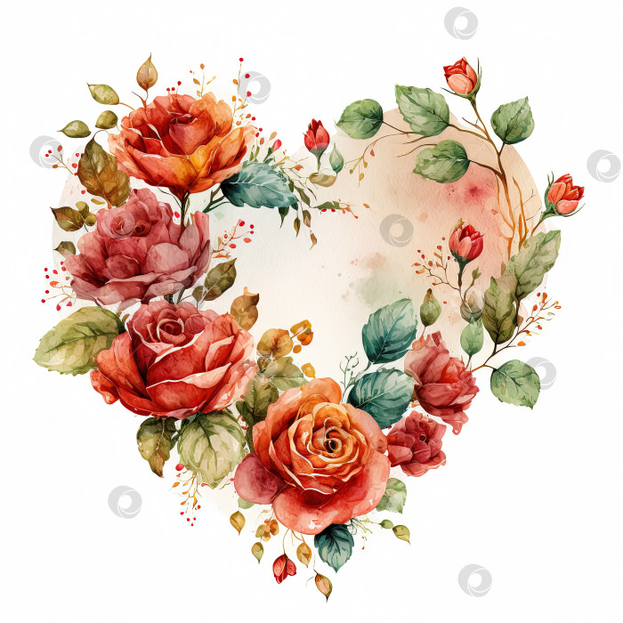 Скачать Акварельная иллюстрация сердце из роз, выделенных на белом фоне фотосток Ozero