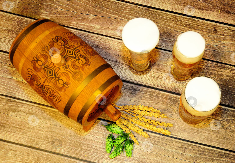 Скачать На деревянном столе лежат деревянная бочка, три разных бокала светлого пива, хмель и початки кукурузы. фотосток Ozero